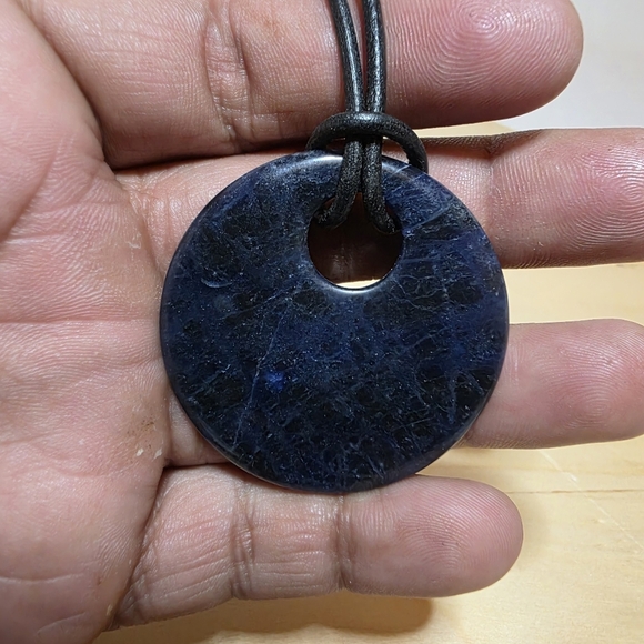 Sodalite Donut Shaped Pendant On 14in. Leather Cord With Sgerling Silver Clasp - Picture 2 of 5